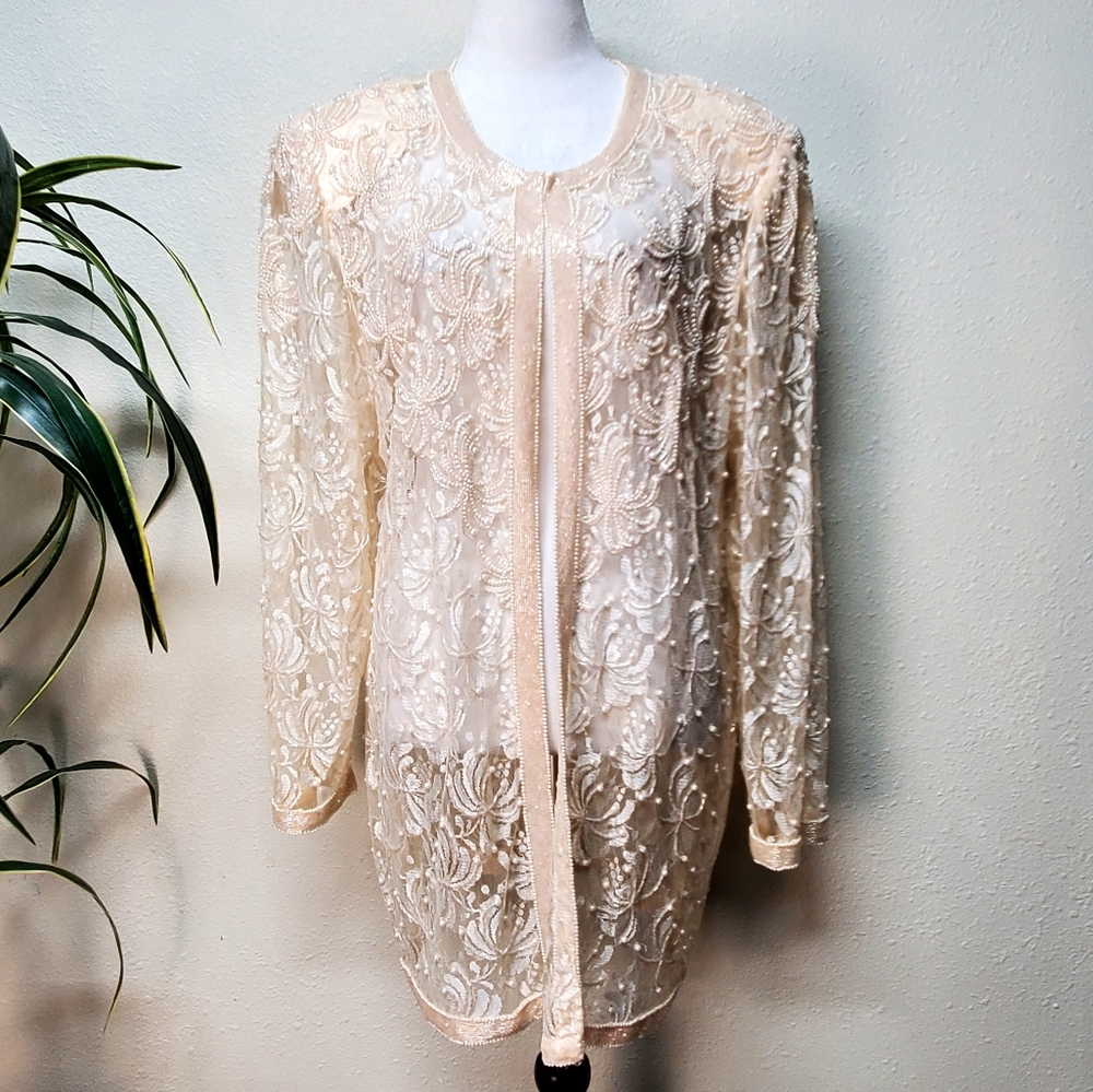 Scala Beige Beaded Net Cardigan Jacket Size 1X Wedding Mother of The Bride